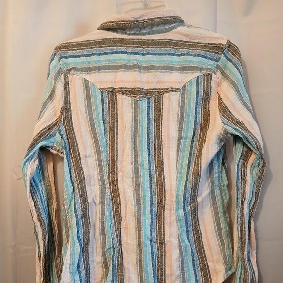 FREE PEOPLE Snap Up Shirt XS Blue Peach Gray Ivory Linen Blend Boho Long sleeve - Picture 8 of 11